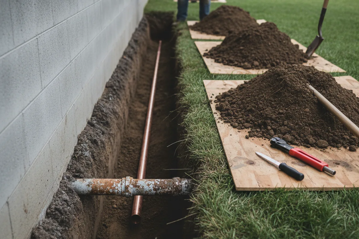 Excavated water line trench during Water Softener Installation in Maryland Line